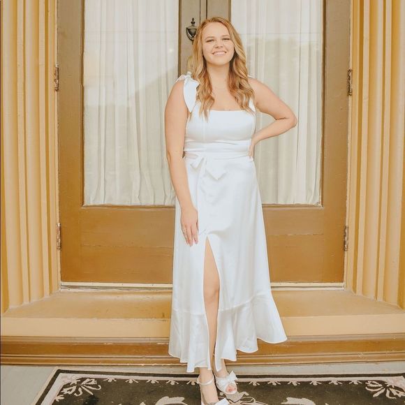 Show Me Your Mumu Garden Ruffle Midi Dress in White Ivory Luxe Satin - Picture 4 of 10